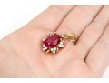 14k Yellow Gold Chunky Oval Lead Filled Ruby And Trefoil Diamond Halo Pendant, App. 0.25 TCW