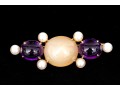 14k Yellow Gold Fabulous Chunky Cabachon Amethyst And Cultured Pearl Decorated Brooch