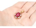 14k Yellow Gold Chunky Oval Lead Filled Ruby And Trefoil Diamond Halo Pendant, App. 0.25 TCW