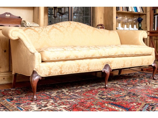 Antique George III Style Upholstered Camel Back Sofa