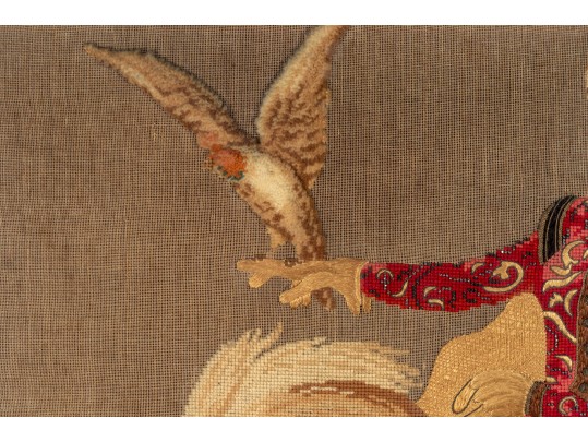 Antique Oversized Needlepoint And Stumpwork, Falconer On Horseback, Ca. 1840-60