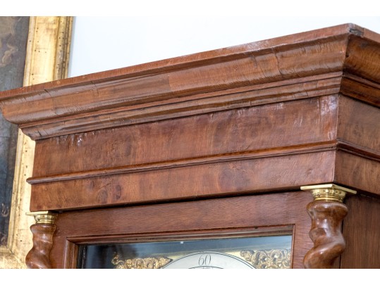 Antique Continental Walnut Tall Case Barley Twist Clock, First Half 19th Century