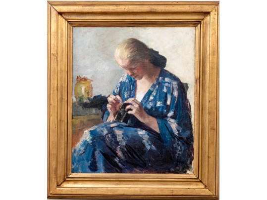 Impressionist Oil On Canvas, Portrait Of A Woman In Blue, Signed 