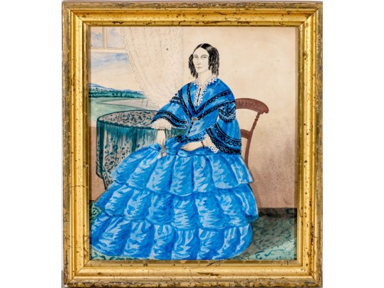 American School, Watercolor Of A Woman In Blue Dress Ca. 1840-60