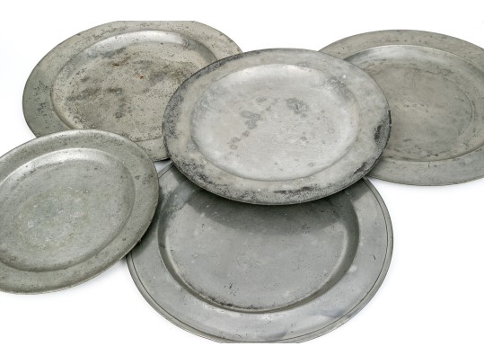 Five Antique Pewter Chargers