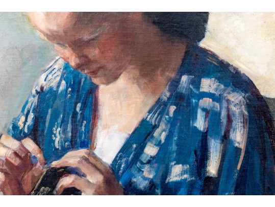 Impressionist Oil On Canvas, Portrait Of A Woman In Blue, Signed 