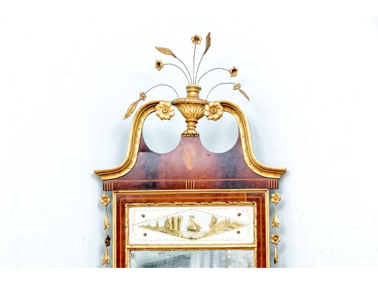 Gorgeous American Federal Looking Glass With Eglomise Panel, Ca. 1800-1820