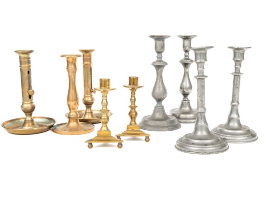 Collection Of Nine Antique Brass And Pewter Candlesticks