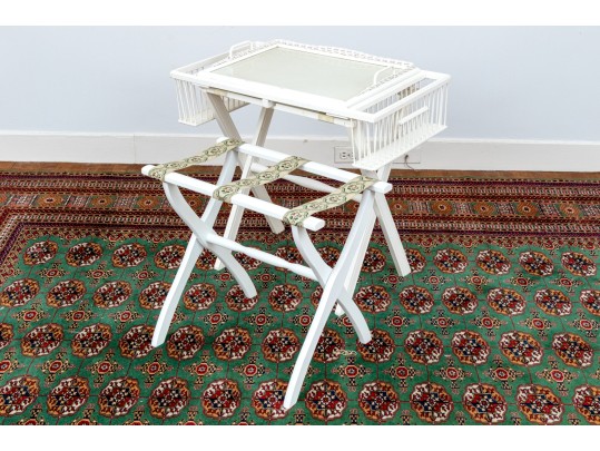 Vintage Painted Luggage Rack And Folding Tray Top Table