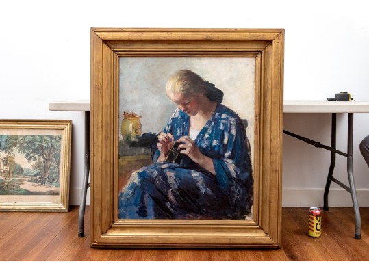 Impressionist Oil On Canvas, Portrait Of A Woman In Blue, Signed 