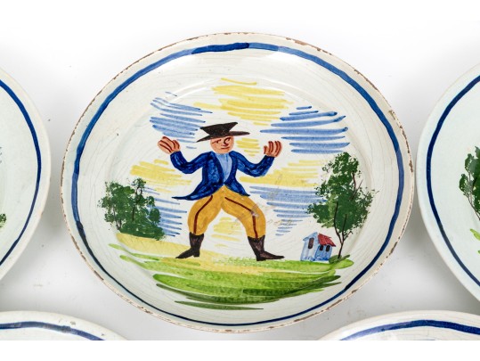 Set Of Six Antique French Faience Quimper Hand-Painted Ceramic Bowls