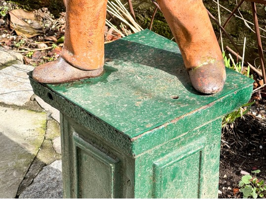 Antique Cast Iron Garden Jockey On Green Plinth