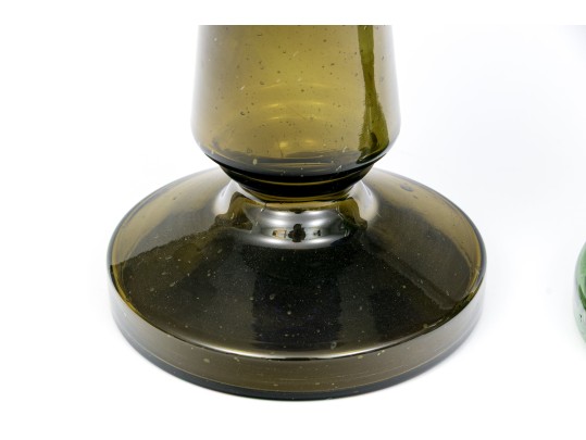 Unusual Pair Of Antique Hand-blown Glass And Brass Oil Lamps