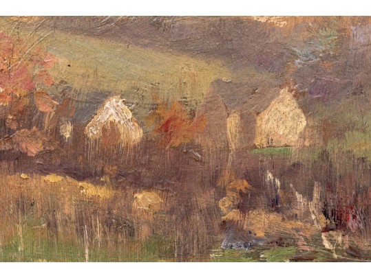 Robert Vonnoh (American, 1858-1933) Oil On Board, Landscape With Trees And Cottages