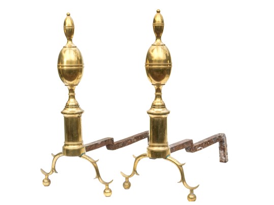 Pair Of American Federal Brass Double Lemon Form Andirons, Ca. 1790-1810