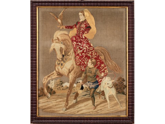Antique Oversized Needlepoint And Stumpwork, Falconer On Horseback, Ca. 1840-60
