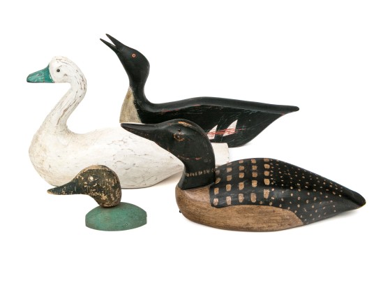 Group Of Four Hand Carved And Painted Decoys With A Carved Head