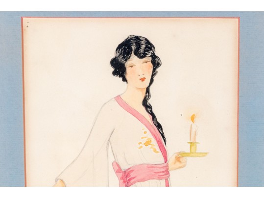 Mixed Media Work On Paper, Woman In Robe With Chamberstick, 1920