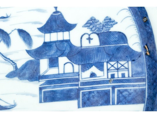 19th C. Chinese Blue And White Canton Pattern Porcelain Platter