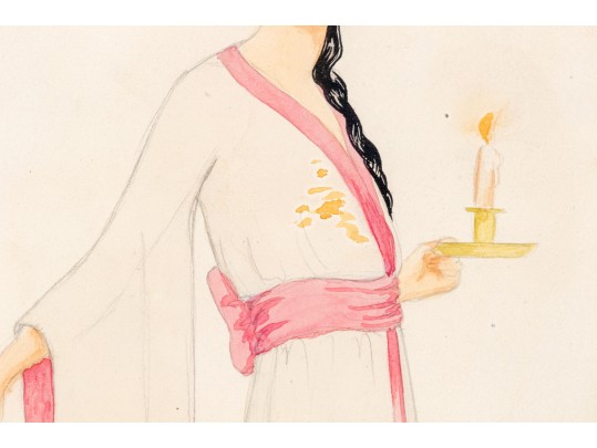 Mixed Media Work On Paper, Woman In Robe With Chamberstick, 1920