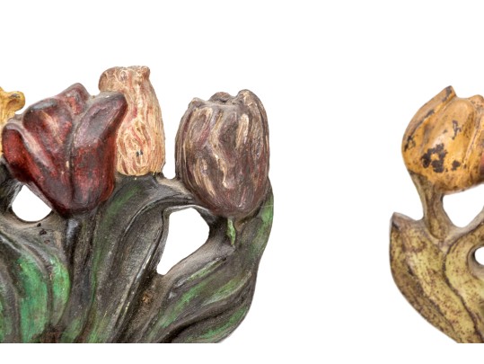 Pair Of Antique Cast Iron Painted Tulip Planter Form Doorstops