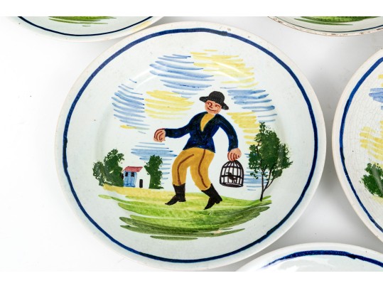 Set Of Six Antique French Faience Quimper Hand-Painted Ceramic Bowls