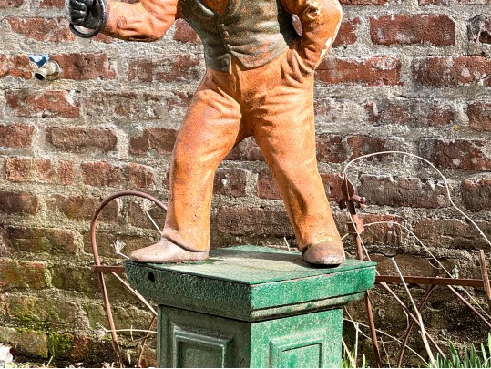 Antique Cast Iron Garden Jockey On Green Plinth