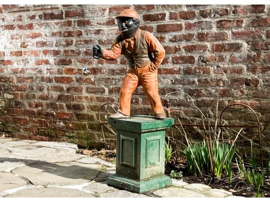 Antique Cast Iron Garden Jockey On Green Plinth