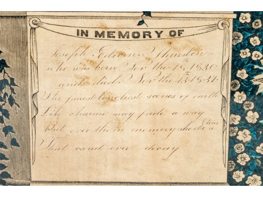 Thurston Family Victorian Hand-Colored Lithograph Childs Memorial, Ca. 1837