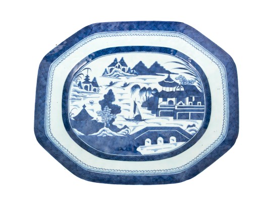 Antique 19th C. Chinese Export Blue And White Canton Pattern Porcelain Platter