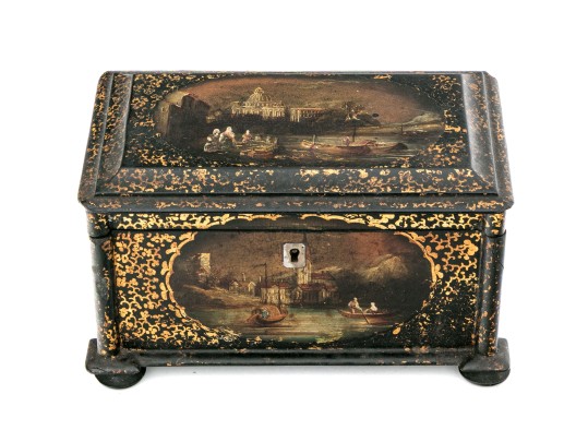 English Papier Mache Lacquered Tea Caddy, Ca. 1840-60