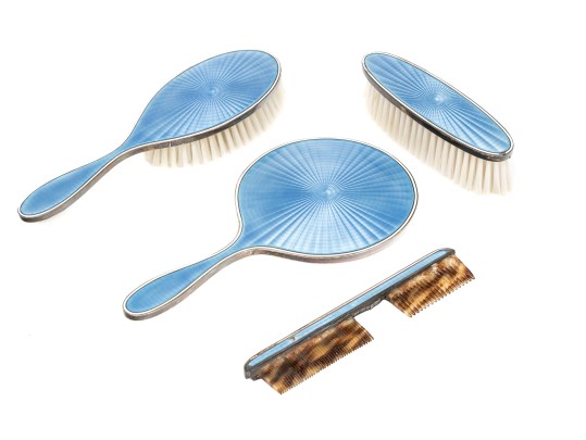 Tiffany & Co Four Piece Guilloche Enameled Sterling Silver Vanity Set