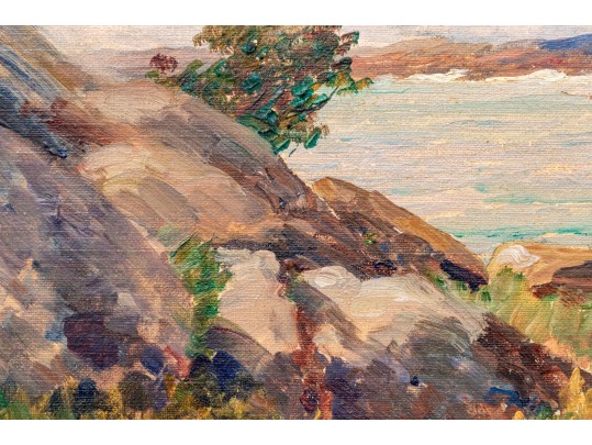 American Impressionist School, Oil On Board, Landscape With Sailboat In Distance