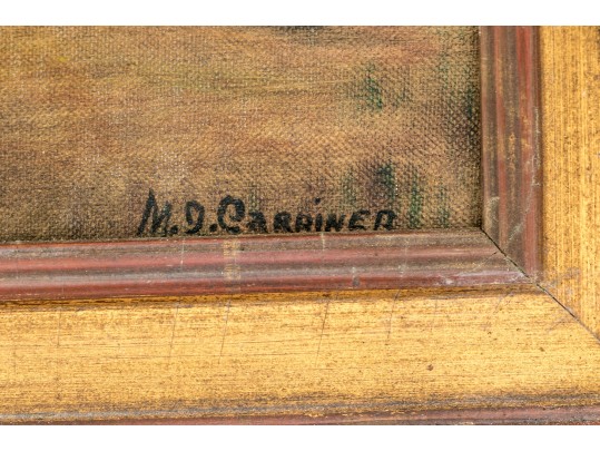 Adorable Oil On Board, Coastal Landscape With Beached Rowboat, Signed: M.J. Carriner 