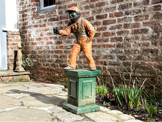 Antique Cast Iron Garden Jockey On Green Plinth