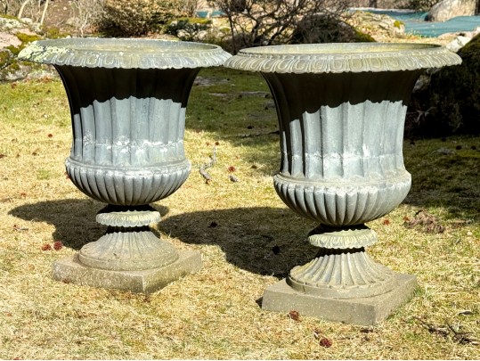 Large Pair Of Cast Metal Neoclassical Style Garden Urns