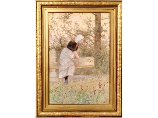 Hector Edward Philippe Caffieri (English, 1847-1932) Gouache, Girl Playing In The Landscape