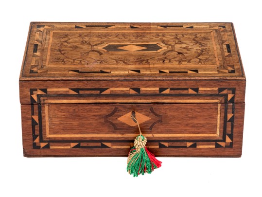 Pennsylvania Marquetry Inlaid Jewelry Box With Key, 19th Century