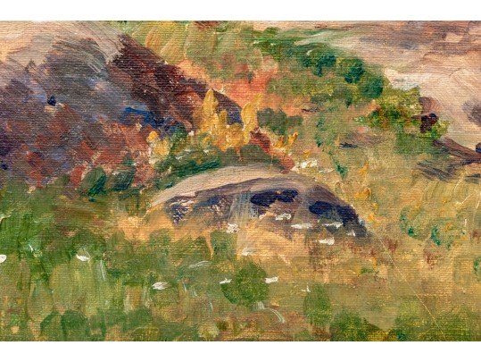 American Impressionist School, Oil On Board, Landscape With Sailboat In Distance