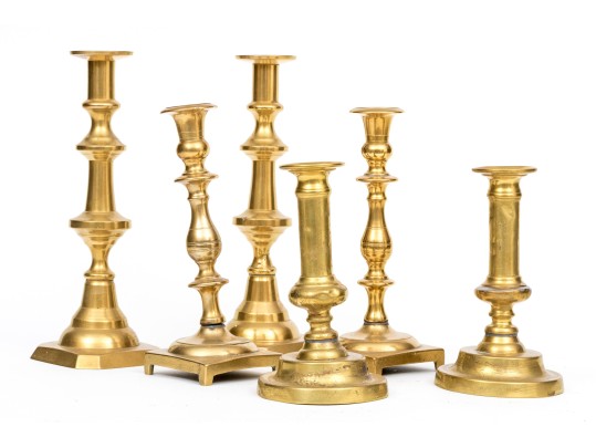Group Of Six Antique Brass Candlesticks