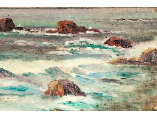 Adorable Oil On Board, Coastal Landscape With Beached Rowboat, Signed: M.J. Carriner 