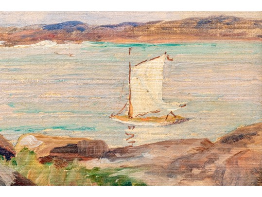 American Impressionist School, Oil On Board, Landscape With Sailboat In Distance