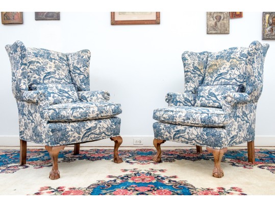 A Fine Pair Of Classic Antique Custom Upholstered Wingback Armchairs