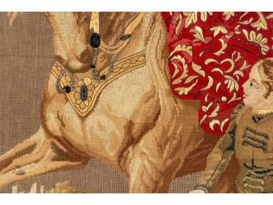 Antique Oversized Needlepoint And Stumpwork, Falconer On Horseback, Ca. 1840-60