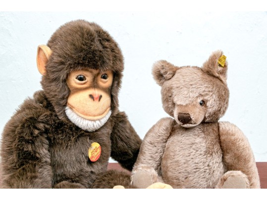 Two Vintage Stieff Stuffed Animals, Including A Chimpanzee And Teddy Bear