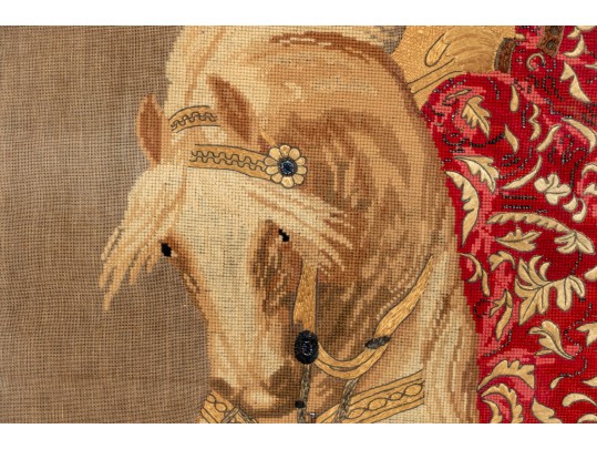 Antique Oversized Needlepoint And Stumpwork, Falconer On Horseback, Ca. 1840-60