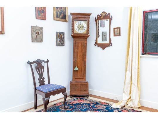 Antique Continental Walnut Tall Case Barley Twist Clock, First Half 19th Century