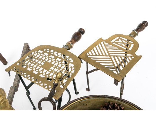 Six Piece Lot Of Antique Brass And Iron Fireplace Items