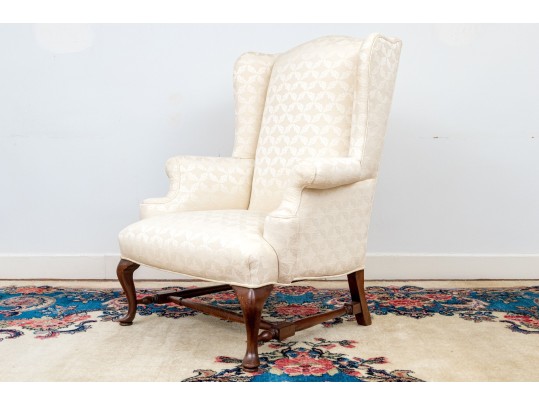 Antique Queen Anne Style Upholstered Wingback Armchair