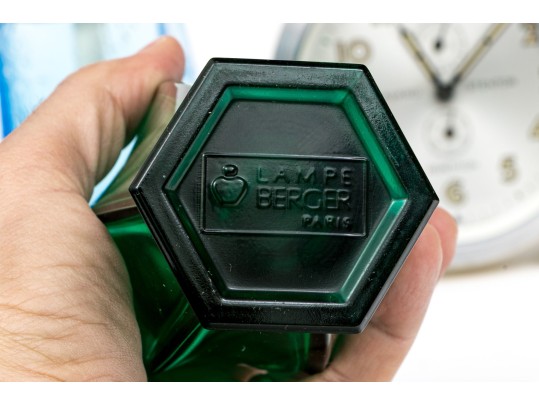 Two Lampe Berger Glass Oil Lamps With Bayard Stentor Repetition Clock